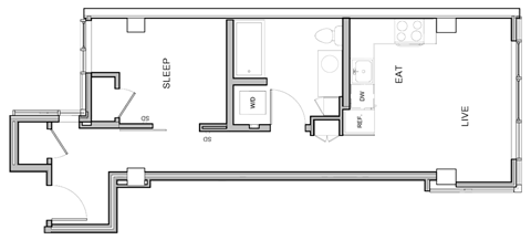 Floor plan for 1 bed, 1 bath, 530 sqft